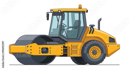 Illustration of a yellow road roller construction vehicle on a white background
