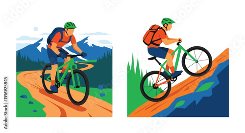 Cyclist riding a green mountain bike on an orange dirt trail