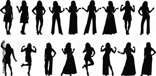 Large collection of diverse woman silhouettes in various fashion poses, wearing dresses, pants, and skirts, isolated on white background set. (20 words)