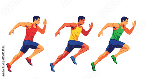 Three runners in vibrant colors competing in a dynamic race