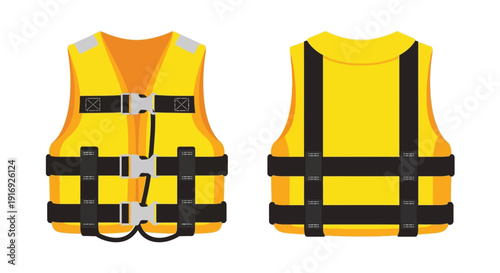 Two yellow life vests displayed front and back view isolated on white