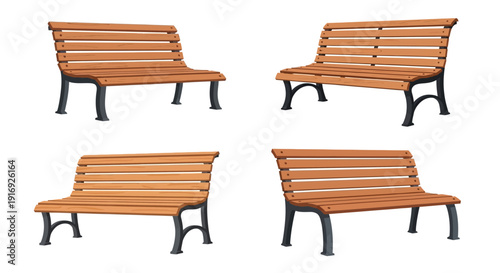 Four wooden park benches with black metal frames arranged in a grid