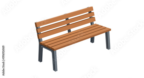 A simple isometric illustration of an orange wooden park bench