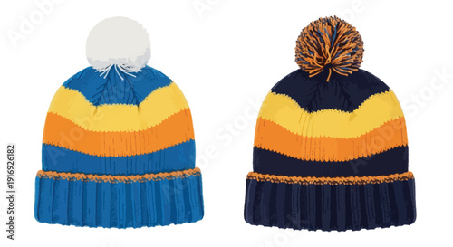 Two colorful knitted winter hats with pom poms displayed on a white background