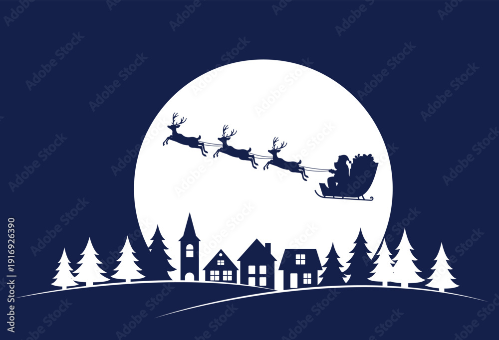Fototapeta premium Santa on a sleigh with reindeers in the sky with the moon, winter landscape, silhouette on a white background. Christmas illustration, vector.
