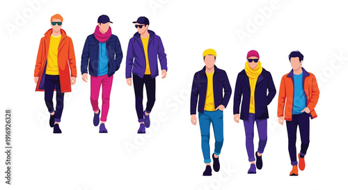 A group of stylish young men walking in fashionable streetwear
