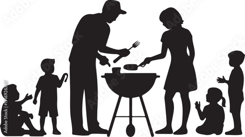 Family Cooking Together at a Barbecue Grill silhouette