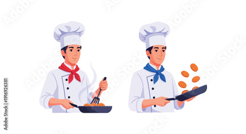 Two cartoon chefs preparing food in a professional kitchen setting
