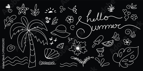 hello summer hand drawn doodle set on black background with tropical icons, palm tree, ice cream, flowers, beach elements and hello summer lettering