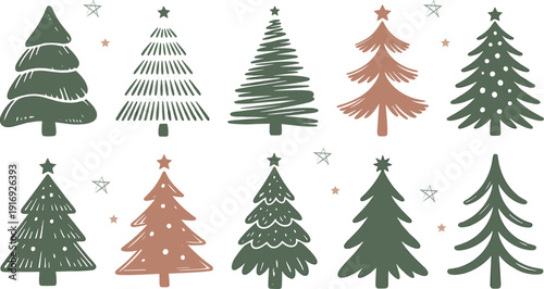 A collection of 10 unique christmas trees with various decorations and colors