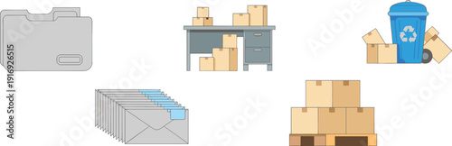Flat vector illustration set of office organization items including file folders, cardboard boxes on a desk, recycling bin, mail envelopes, and shipping pallet