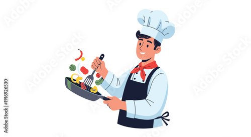 A smiling chef cooks food in a pan with fresh ingredients