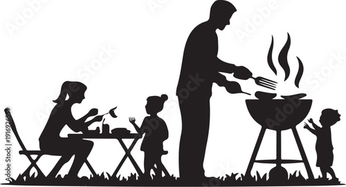 Family Cooking Together at a Grill with Children Playing