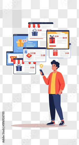 Person interacts with digital screens and mobile device.