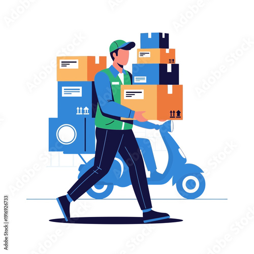 Delivery person carrying stacked boxes with scooter in background