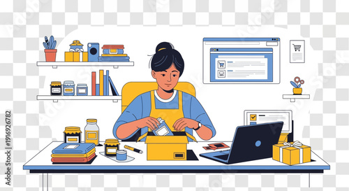 Woman packing boxes at a desk with a laptop and shelves.