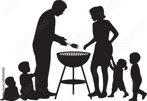 Family Cooking Together on a Grill barbecue silhouette