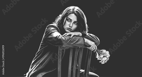 Melancholic Young Woman Sitting on a Chair with a Bouquet: Design for Emotional Book Covers, Psychological Blog Illustrations, or Dramatic Poster Art. Transparent background EPS version.