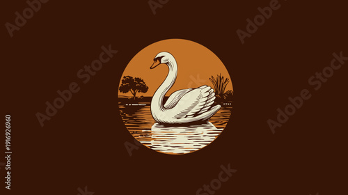 A serene illustration of a swan in a lake, set within a warm-toned circular design