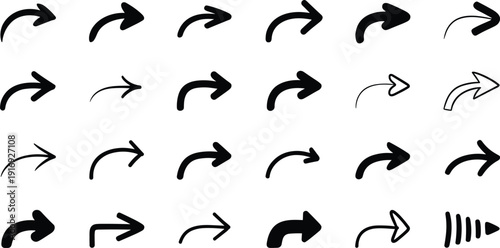 A collection of 25 black arrow icons on a white background