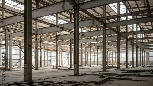 Industrial warehouse interior with structural steel framework and daylight