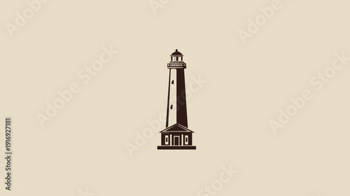 Minimalist illustration of a tall lighthouse with a square base, against a neutral background
