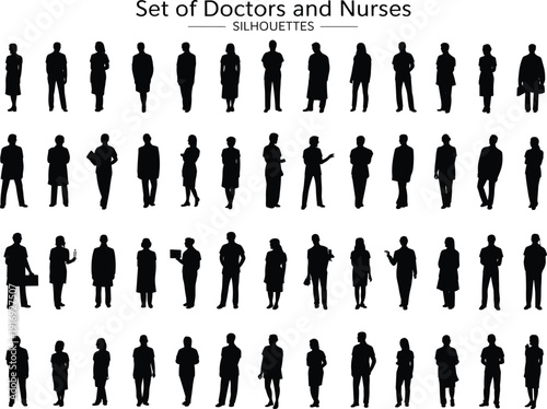 Set of black doctor and nurse silhouettes standing, medical staff vector icons collection, healthcare professional figures for hospital design
