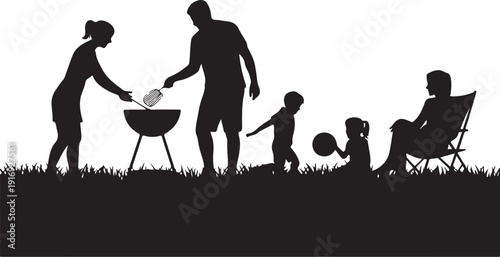 Family silhouette grilling and playing outdoors barbecue