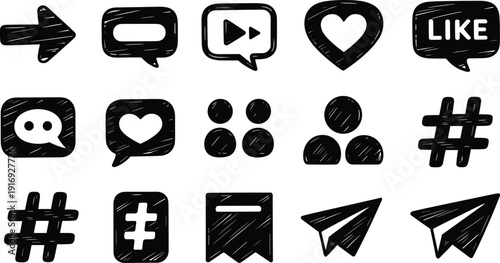 Social media icons and symbols in black and white