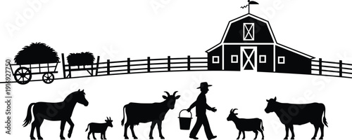 Black vector silhouette of a rural farm landscape with a barn fence farmer carrying a bucket horse cows and goats for agriculture branding