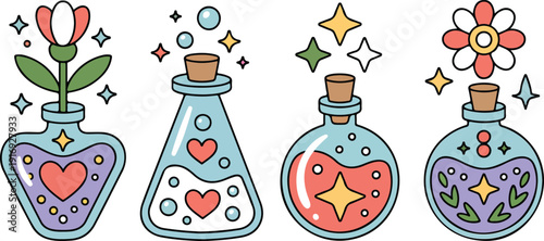 Cute Magical Potion Bottles Vector Set with Flowers Hearts and Bubbles in Kawaii Style