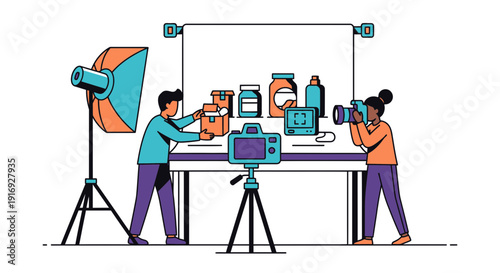 People photographing products on a table with studio lighting.