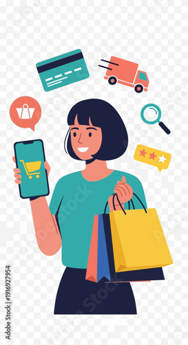 Woman with shopping bags and phone surrounded by shopping icons.