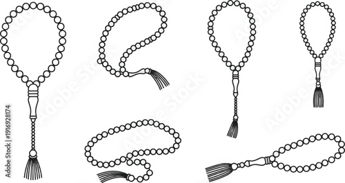 Ramadhan, Kareem Islamic Prayer Beads Tasbih Sibha Rosary Vector Icons Collection