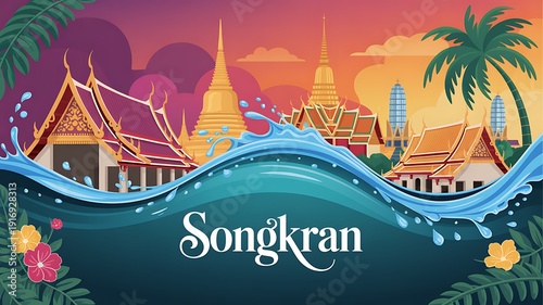Songkran Thailand campaign visual, mix of tradition and modern celebration, premium advertising style, water effects, tropical color palette, PSD mockup, professional branding layout
