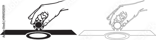 Hand Putting Casino Chip in Betting Slot or Poker Table Circle - Minimalist Vector Icon Set.