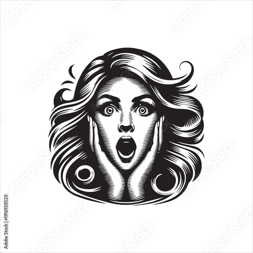 Black and white vector illustration of a shocked woman with her hands on her face and an open mouth, against a clean white background.