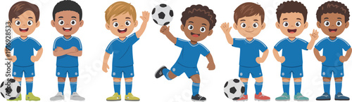 Cute Kids Soccer Team Character Set with Blue Uniforms and Teamwork Spirit