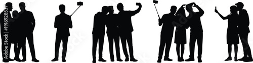 Set of black silhouettes of people taking selfies with smartphones and selfie sticks, groups of friends and couples posing together,
