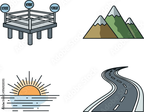 Stylized icon illustration of boxing ring, mountain peaks, sunset over water, winding road, sports, travel, nature, adventure, landscape design elements