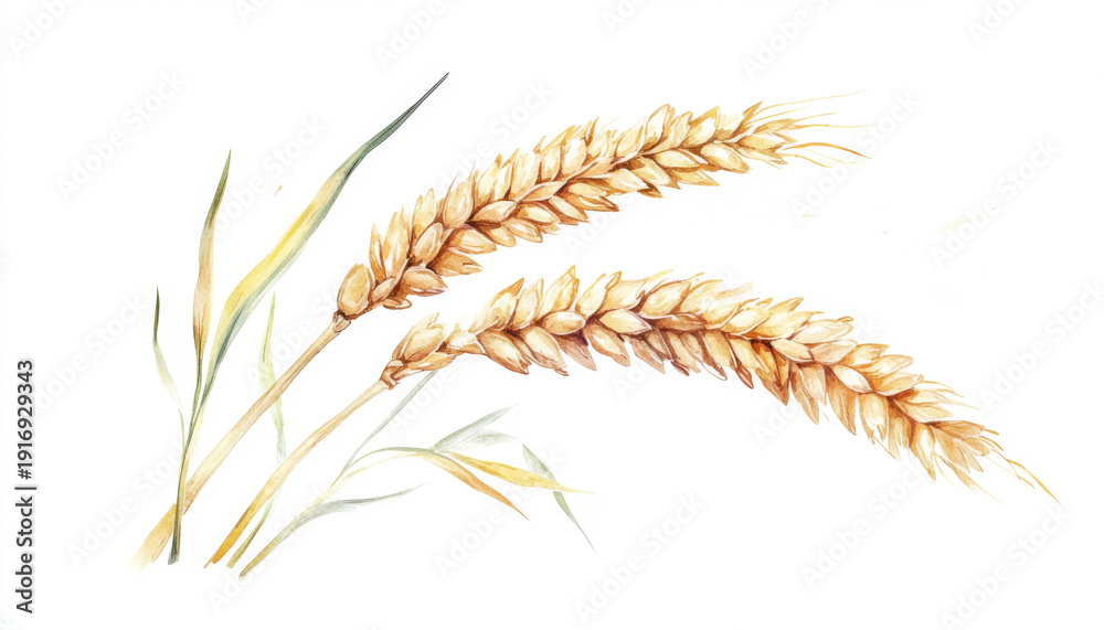 Fototapeta premium Golden wheat ears with green leaves showcasing the beauty of agricultural produce and nature