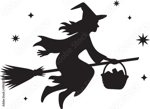 Silhouette of a witch flying on a broom with a cauldron