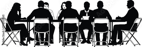 Silhouette of business people sitting at a long table during a corporate meeting, conference, or seminar isolated on white background. (20 words)