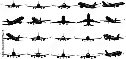 Black vector silhouette set of commercial passenger airplanes and civil aircraft in various flight positions for travel aviation tourism transportation and global logistics brandin