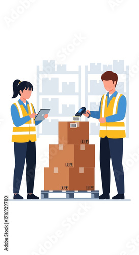 Workers in vests organize boxes on a cart indoors.