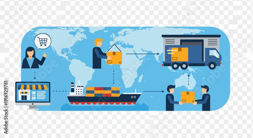 Global logistics and supply chain illustrated with shipping and delivery.