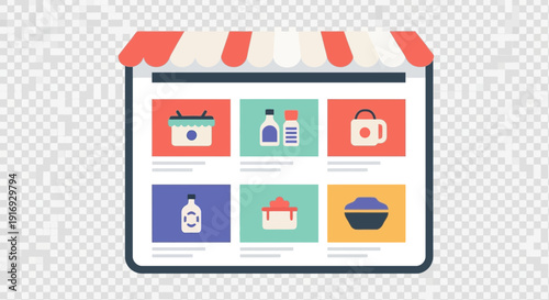 Flat design online store interface with product icons.