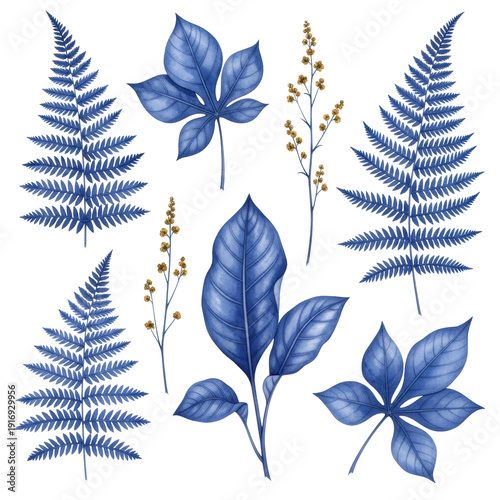 Indigo blue watercolor illustration of intricate ferns and broad-leaf plants with yellow flowers arranged flat-lay on a minimalist white background, contemporary botanical art concept