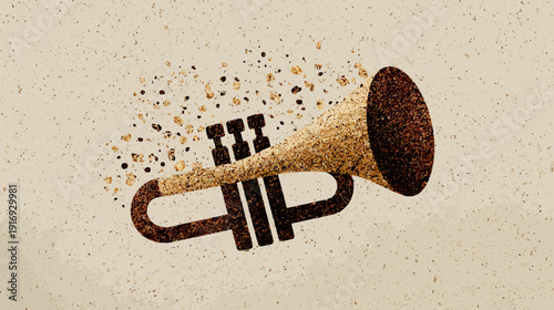 A musical instrument is partially made of fragmented material in a rustic style against a neutral background