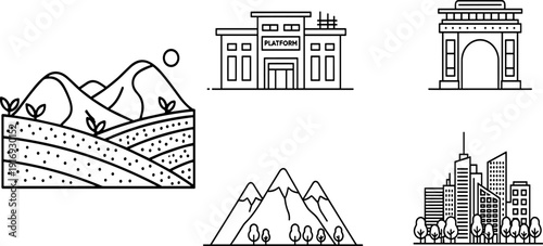 Landscape and architecture vector icons, rural hills, platform building, triumphal arch, mountains, cityscape, black and white illustration, geography, environment, urban design